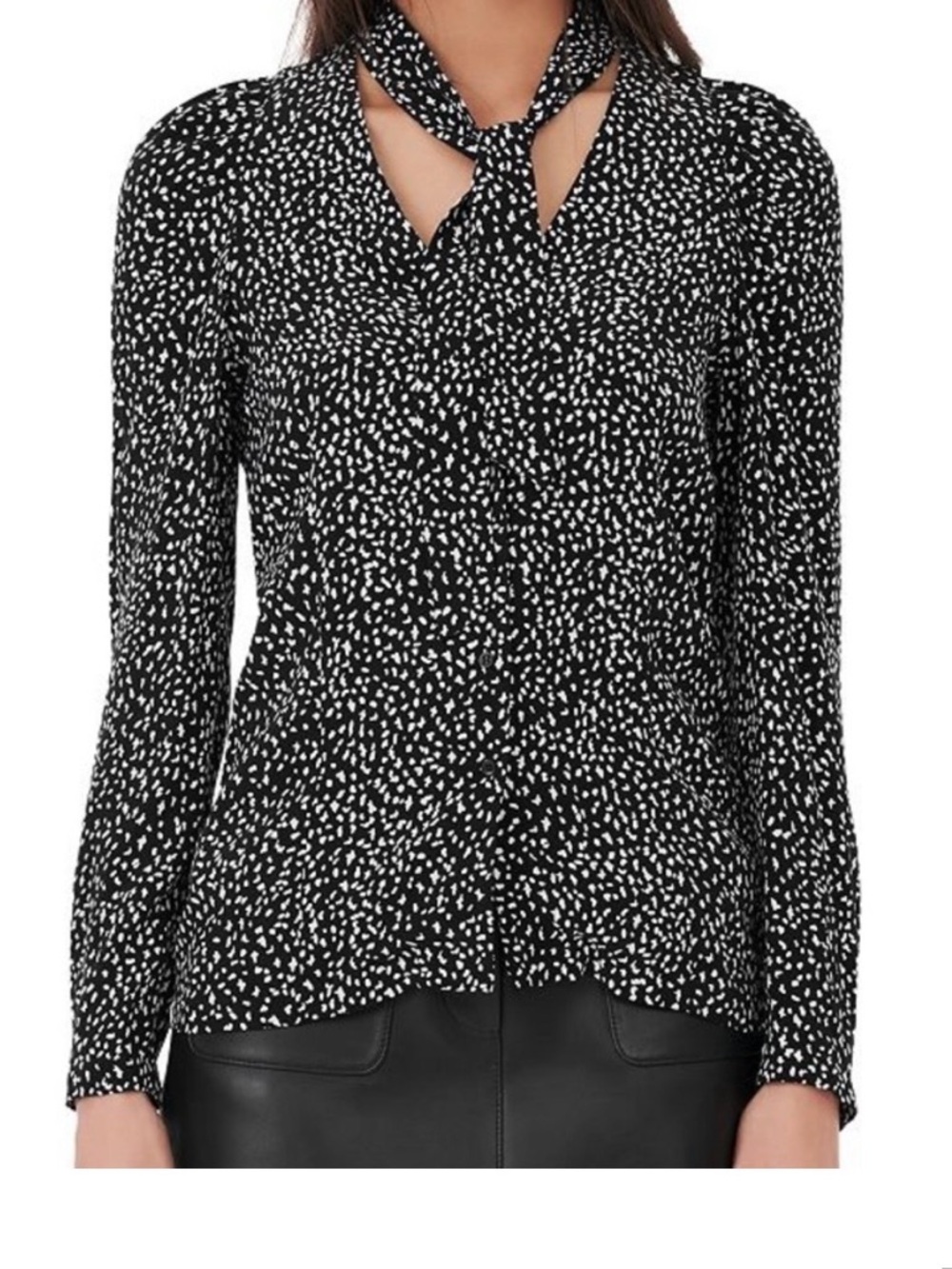Maje Cosini Tie Neck Button Top Sz French 2 Long Sleeve Black Feminine Classic